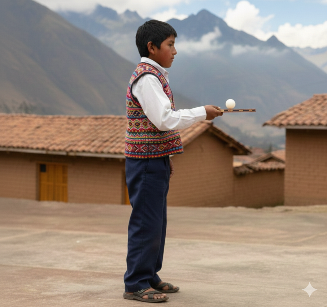 Young boy in traditional Peruvian clothing playing table tennis in the Andes mountains